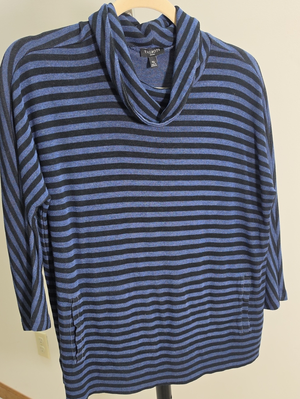 Talbots Navy Blue and Black Striped Cowl Neck Sweater